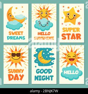 Schede meteo con illustrazioni divertenti dei cartoni animati Illustrazione Vettoriale