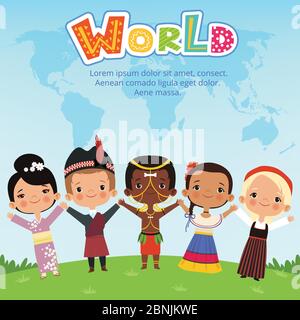 Bambini di diverse nazionalità in tutto il mondo che si levano in piedi sulla terra. Illustrazioni vettoriali concettuali Illustrazione Vettoriale