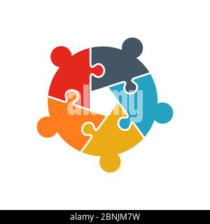 Teamwork persone puzzle cinque persone pezzi logo. Concetto di team building. Gruppo di affari persone Illustrazione Vettoriale