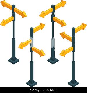 Cartelli stradali frecce di direzione all'incrocio. Immagini isometriche Illustrazione Vettoriale