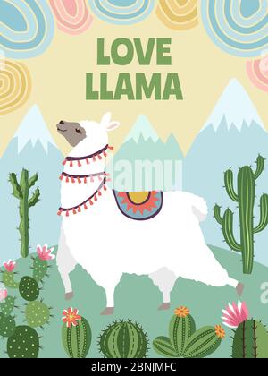 Immagine vettoriale di sfondo di lama, montagne e cactus. Illustrazioni cartoni animati per il modello di poster Illustrazione Vettoriale