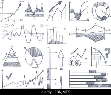 Grafici e diagrammi di affari impostati in stile doodle. Immagini vettoriali Illustrazione Vettoriale