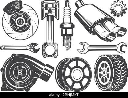 Immagini monocromatiche del motore, del cilindro del turbocompressore e di altri utensili per automobili Illustrazione Vettoriale