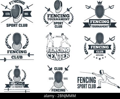 Set di etichette per scherma sportive. Immagini monocromatiche di grapatrici, maschere di spada e altre attrezzature Illustrazione Vettoriale