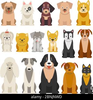 Diversi cani divertenti in stile cartone animato isolato Illustrazione Vettoriale