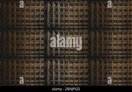 Collage di angoscia d'oro vecchia arrugginita pelata, struttura vettoriale con rete metallica, filo, gabbia, strisce incrociate. Illustrazione EPS8. Illustrazione Vettoriale