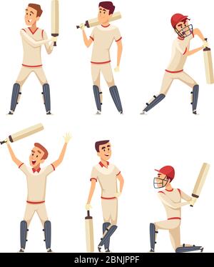 Cricket personaggi. Insieme di vari giocatori sportivi in azione pose Illustrazione Vettoriale