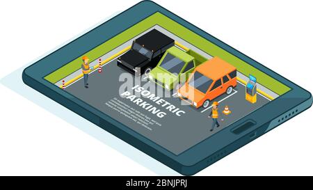 Immagine concettuale del parcheggio urbano online a pagamento. App per tablet o telefoni Illustrazione Vettoriale