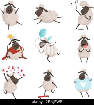 Animali da fattoria cartoon. Pecora che gioca e fa azioni diverse. I caratteri vettoriali sono impostati su bianco Illustrazione Vettoriale