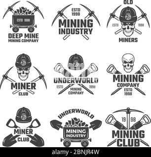 Oro industriale e minerario di vario tipo. Set vettoriale etichette nere Illustrazione Vettoriale