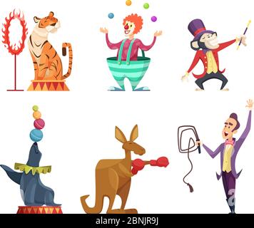 Personaggi cartoni animati Circus. Mascotte vettoriali isolano su bianco Illustrazione Vettoriale