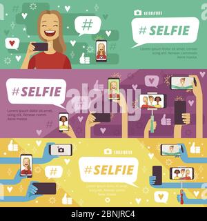 Banner orizzontali con persone che fanno foto selfie sui suoi smartphone e fotocamere Illustrazione Vettoriale