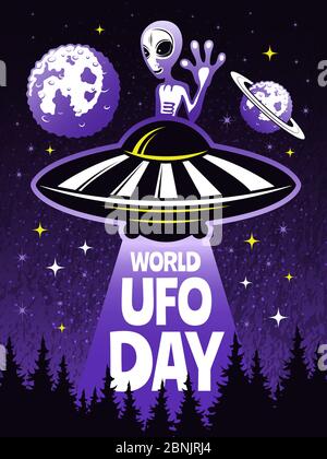 Poster retrò concetto per la giornata mondiale di ufo. Immagini di straniero divertente Illustrazione Vettoriale
