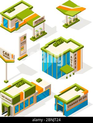 Edifici di servizio di gas. Esterno delle strutture della stazione di rifornimento. Set di immagini isometriche Illustrazione Vettoriale