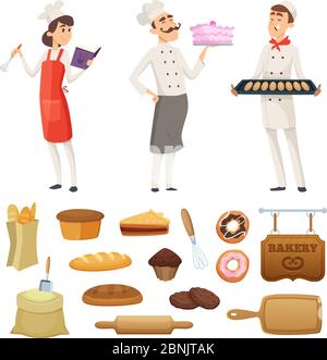 Panettiere maschio e femmina sul lavoro. Caratteri in posizioni diverse Illustrazione Vettoriale