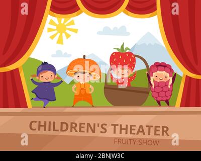 Bambini sul palco. I bambini in costumi di frutta si esibiscono al party scolastico Illustrazione Vettoriale
