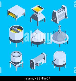 Birreria isometrica. Impianto vettoriale per la produzione di birra Illustrazione Vettoriale