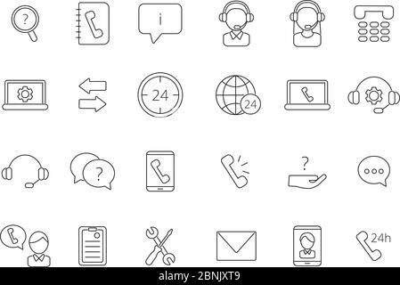 Icone di supporto del call center. I simboli lineari vettoriali si isolano su bianco Illustrazione Vettoriale