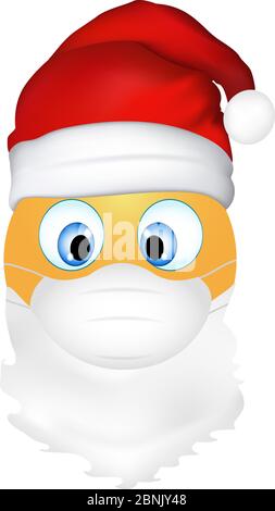 Emoticon di emoji con maschera medica e cappello di Babbo Natale. Emoticon divertente. Concetto di protezione contro le epidemie di coronavirus. Buon Natale. illustrazione 3d. Illustrazione Vettoriale