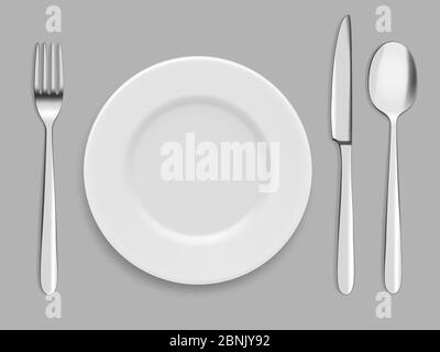 Piatti e posate. Forcella, cucchiaio e coltello Illustrazione Vettoriale