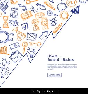 Vettore business doodle icone concetto di sfondo con freccia diagramma e luogo per l'illustrazione del testo Illustrazione Vettoriale