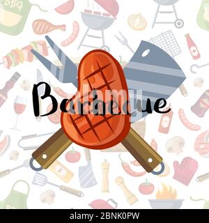 Carne fritta, erba cipollina e forchetta con scritta su fondo barbecue o elementi grigliati Illustrazione Vettoriale