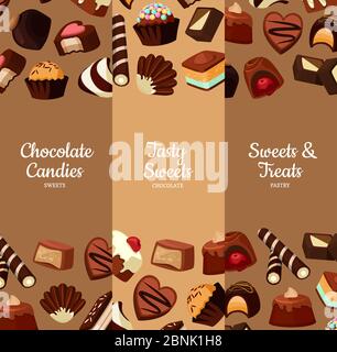 Vector banner verticali illustrazione con caramelle al cioccolato cartoon Illustrazione Vettoriale