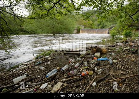 Rifiuti sinistra dietro dal fiume urbano in ondata, Fiume Tame, Manchester, UK potrebbe Foto Stock