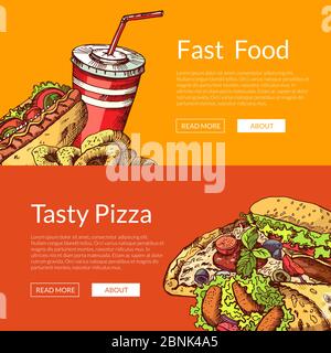 Banner vettoriali orizzontali con fast food disegnato a mano Illustrazione Vettoriale