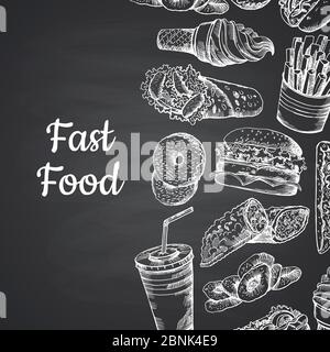 Illustrazione vettoriale con mano bianca di fast food disegnata sulla lavagna Illustrazione Vettoriale