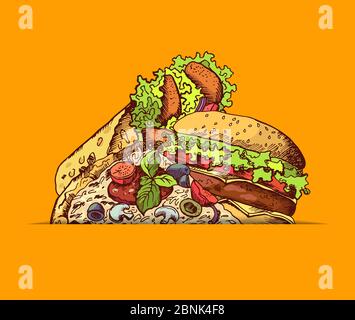 Vettore mano tirato hamburger fast food, taco, illustrazione pizza Illustrazione Vettoriale