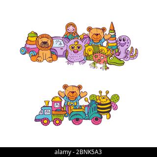 Set vettoriale di grandi pile di giocattoli per bambini disegnati a mano e colorati isolati su sfondo bianco Illustrazione Vettoriale