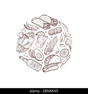 Vettore abbozzato elementi di cibo messicano sotto forma di illustrazione circolare Illustrazione Vettoriale