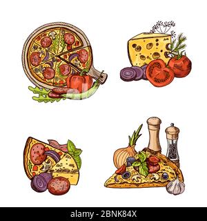 Set di pizze, verdure e mucchi di formaggio disegnati a mano in tinta vettoriale Illustrazione Vettoriale
