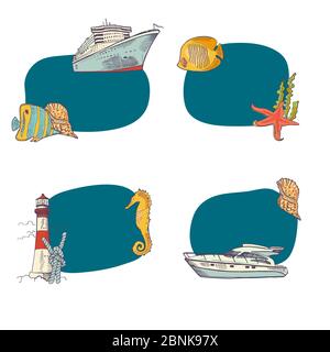 Set adesivi vettoriali disegnati in mare Illustrazione Vettoriale