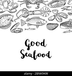 Immagine vettoriale di sfondo con elementi di pesce disegnati a mano e scritte Illustrazione Vettoriale