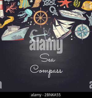 Elementi di mare disegnati vettoriali in sfondo a colori con posizione per il testo Illustrazione Vettoriale