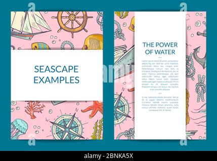 Modello di scheda o brochure elementi mare disegnati vettoriali Illustrazione Vettoriale