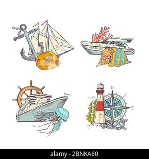 Insieme di pile di elementi colorati di mare disegnati da vettori Illustrazione Vettoriale