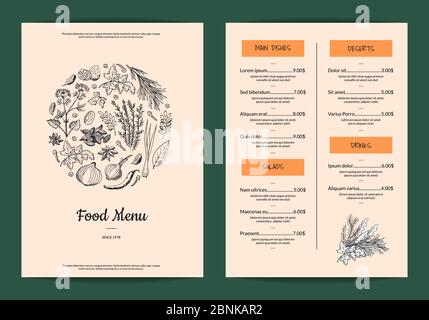 Ristorante Vector o menu cafe con erbe e spezie disegnate a mano Illustrazione Vettoriale