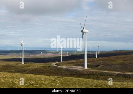 Le turbine eoliche presso Berry Burn su Altyre station wagon, murene, Scotland, Regno Unito. Luglio 2016. Foto Stock