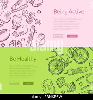Vettoriale attrezzatura sportiva disegnata a mano modelli di banner orizzontali Illustrazione Vettoriale
