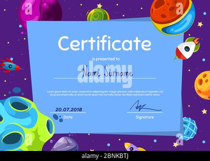 Diploma o certificato di bambino vettoriale con pianeti spaziali e navi cartoni animati Illustrazione Vettoriale
