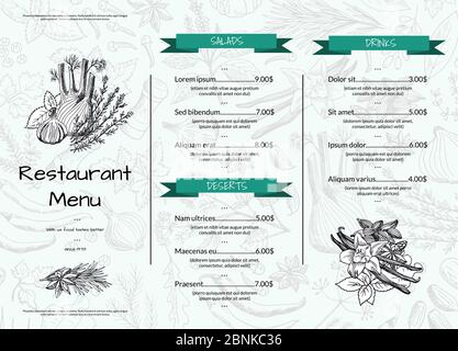 Modello del menu del ristorante o del caffè orizzontale Vector con illustrazione delle erbe e delle spezie disegnate a mano Illustrazione Vettoriale