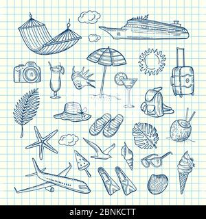 Elementi di viaggio estivi disegnati a mano vettoriale Illustrazione Vettoriale
