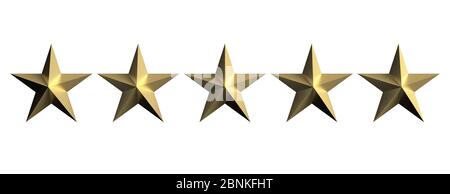 5 stelle di colore oro. Ottone lucido cinque stelle isolate su sfondo bianco, lusso, eleganza, concetto di qualità. illustrazione 3d Foto Stock