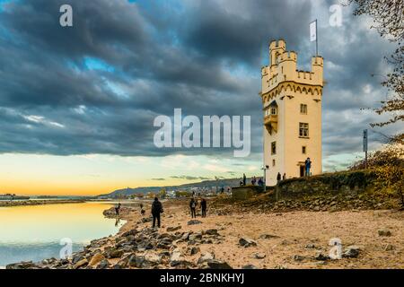 Torre del topo a Bingen am Rhein in acque basse, all'inizio della Valle del Medio Reno, ex torre a pedaggio sull'isola della Torre del mouse a Binger Loch, patrimonio mondiale dell'UNESCO Valle del Medio Reno, angolo Reno-Nahe Foto Stock