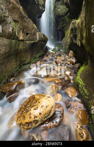 Cascata nelle zone costiere gorge, Isola di Eigg, Ebridi Interne, Scozia, aprile 2014. Foto Stock