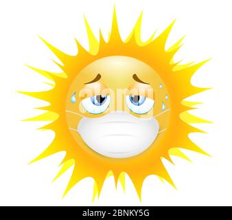 Emoji emoticon sole. Concetto di stanchezza nell'indossare la maschera medica nel calore di solfora. illustrazione 3d. Emoticon divertente. Protezione dell'epidemia di coronavirus Foto Stock