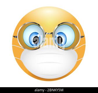 Emoticon di emoji con maschera medica e occhiali. illustrazione 3d. Emoticon divertente. Concetto di protezione contro le epidemie di coronavirus - germi - inquinamento atmosferico. Foto Stock